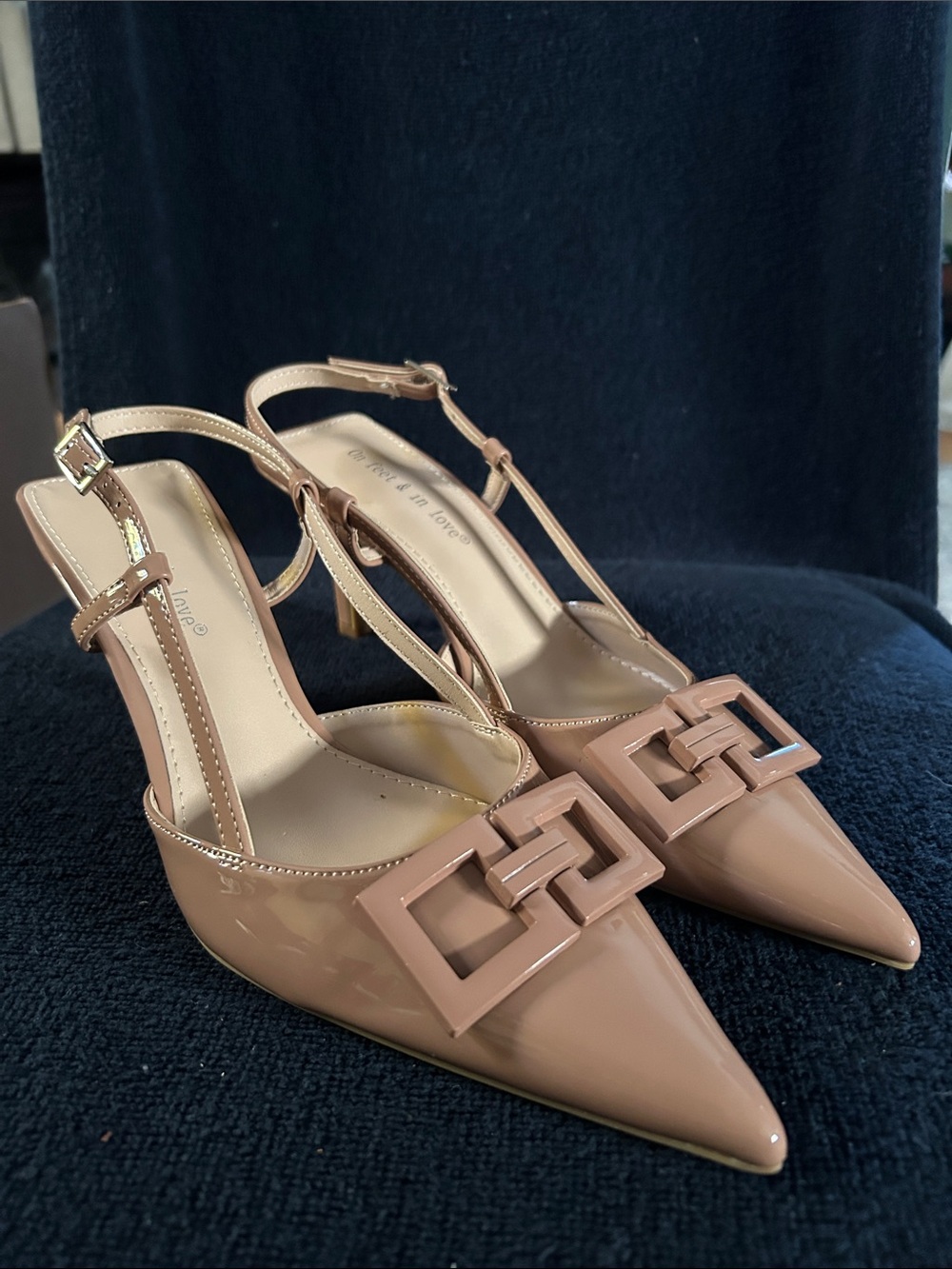 On Feet and In Love Patent Pointed-Toe Slingback 3 1/4” Heels w Geometric Buckle